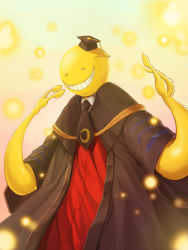 Rule 34 | 1boy, 80tr, ansatsu kyoushitsu, black robe, crescent, grin, hat, highres, koro-sensei, light particles, male focus, mortarboard, necktie, open mouth, robe, shirt, simple background, smile, smiley face, tassel, tentacles, white background