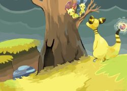 Rule 34 | absurdres, ampharos, animal focus, bare tree, black eyes, branch, bright pupils, commentary, creatures (company), dot nose, english commentary, game freak, gen 2 pokemon, gen 3 pokemon, grass, grey sky, highres, in tree, minun, nintendo, no humans, no mouth, on grass, open mouth, outdoors, plusle, pokemon, pokemon mystery dungeon, pokemon mystery dungeon: red/blue rescue team, rinnai-rai, rock, scenery, sky, tree, white pupils