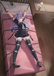 Rule 34 | 1girl, ahoge, ankle cuffs, assault lily, bdsm, bed, black footwear, black ribbon, black skirt, black thighhighs, blister pack, blush, bottle, bound, bound legs, bound torso, bound wrists, butterfly hair ornament, buttons, closed mouth, commentary request, commission, cropped jacket, cuffs, desk, detached sleeves, frilled skirt, frills, full body, grey hair, hair ornament, hair ribbon, hair spread out, highres, imagawa homare, jewelry, loafers, long hair, looking ahead, lying, medicine bottle, miniskirt, neck ribbon, on back, on bed, outstretched arms, pill, pleated skirt, puffy short sleeves, puffy sleeves, purple eyes, ribbon, ring, school uniform, scissors, shirt, shoes, short sleeves, skeb commission, skirt, solo, thighhighs, two side up, underbust, v-shaped eyebrows, water bottle, wavy hair, white shirt, wooden floor, yurigaoka girls academy school uniform, yuzu koshou (yuzukosyooisi), zettai ryouiki