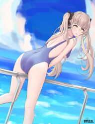 Rule 34 | 1girl, blonde hair, facing viewer, highres, ocean, one-piece swimsuit, robintheseal, sitting, sitting on object, swimsuit, twintails