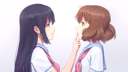 Rule 34 | 2girls, blue sailor collar, brown eyes, eye contact, finger to another&#039;s mouth, finger to mouth, hibike! euphonium, highres, kitauji high school uniform, kousaka reina, long hair, looking at another, medium hair, multiple girls, neckerchief, oumae kumiko, pink neckerchief, purple eyes, sailor collar, school uniform, short sleeves, simple background, smile, viscum, white background