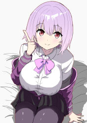 Rule 34 | 1girl, absurdres, arm at side, bed sheet, black pantyhose, black skirt, blush, bow, bowtie, breasts, cardigan, closed mouth, collared shirt, commentary, cowboy shot, dress shirt, eyelashes, eyes visible through hair, gridman universe, hair between eyes, hand up, highres, index finger raised, large breasts, looking at viewer, medium hair, miniskirt, open cardigan, open clothes, pantyhose, pleated skirt, purple bow, purple bowtie, purple cardigan, purple hair, red eyes, shinjou akane, shirt, simple background, sitting, skirt, smile, solo, split mouth, ssss.gridman, straight hair, suberaku, tsurime, upturned eyes, white background, white shirt