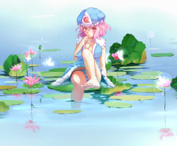 Rule 34 | 1girl, bad id, bad pixiv id, barefoot, blue dress, blush, breasts, bug, butterfly, dress, feet, gai sang, hat, highres, insect, looking at viewer, mob cap, obi, panties, pantyshot, partially submerged, pink hair, saigyouji yuyuko, sash, sitting, soles, solo, striped clothes, striped panties, toes, touhou, triangular headpiece, underwear, water, white panties
