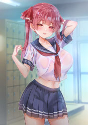 Rule 34 | 1girl, absurdres, arm behind head, arm up, blush, bra visible through clothes, breasts, collarbone, contrapposto, cowboy shot, crop top, crop top overhang, heterochromia, highres, holding, holding hair, hololive, houshou marine, indoors, large breasts, locker, looking at viewer, midriff, miniskirt, navel, nemuri (gref3248), pleated skirt, raised eyebrow, red eyes, red hair, school uniform, see-through, serafuku, shirt, short sleeves, skirt, solo, tongue, tongue out, twintails, uniform, virtual youtuber, wet, wet clothes, white shirt, yellow eyes