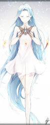 Rule 34 | 10s, 1girl, absurdres, ahoge, bare shoulders, blue eyes, blue hair, breasts, crystal, dress, feet out of frame, fingerless gloves, floating, floating object, gloves, gradient background, granblue fantasy, half-closed eyes, highres, interlocked fingers, letterboxed, long hair, lyria (granblue fantasy), marumoru, matching hair/eyes, praying, signature, sketch, sleeveless, sleeveless dress, small breasts, solo, standing, very long hair
