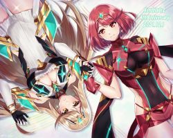 Rule 34 | bare shoulders, black gloves, blonde hair, breasts, chest jewel, cleavage, cleavage cutout, clothing cutout, dress, earrings, elbow gloves, fingerless gloves, gloves, highres, jewelry, large breasts, long hair, mythra (xenoblade), nintendo, pyra (xenoblade), red eyes, red hair, red shorts, shinae, short dress, short hair, short shorts, shorts, swept bangs, tiara, very long hair, white dress, white gloves, xenoblade chronicles (series), xenoblade chronicles 2, yellow eyes