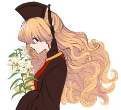 Rule 34 | 1girl, blonde hair, breasts, brown dress, brown hat, chinese clothes, closed mouth, dress, earrings, flower, hair between eyes, hand up, hat, highres, jewelry, junko (touhou), leaf, lily (flower), long hair, long sleeves, looking to the side, medium breasts, phoenix crown, pom pom (clothes), red eyes, simple background, solo, standing, staygold, tabard, touhou, white background, white flower, wide sleeves