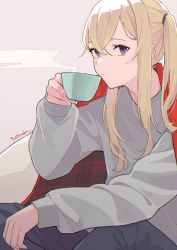 Rule 34 | 1girl, alternate costume, artist name, beige background, black pants, blonde hair, commentary request, cup, graf zeppelin (kancolle), grey shirt, highres, holding, holding cup, ichiroku (sakumogu-029), kantai collection, long hair, long sleeves, pants, purple eyes, shirt, sidelocks, solo, twintails