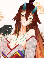 Rule 34 | 1girl, absurdres, bare shoulders, breasts, brown hair, claws, cleavage, collarbone, detached sleeves, fate/grand order, fate/requiem, fate (series), gradient hair, grin, hair between eyes, highres, horns, japanese clothes, kijo kouyou (fate), kijo kouyou (third ascension) (fate), kimono, large breasts, leaf, long hair, looking at viewer, maple leaf, multicolored hair, numajiyo, orange hair, ponytail, sash, sleeveless, sleeveless kimono, slit pupils, smile, solo, very long hair, white background, white kimono, wide sleeves, yellow eyes
