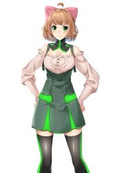 Rule 34 | 1girl, ahoge, android, bare shoulders, black thighhighs, bow, breasts, cleavage, curly hair, freckles, frilled shirt, frills, green eyes, green skirt, hair bow, hands on own hips, neon trim, orange hair, penny polendina, pink bow, rwby, shirt, skirt, solo, thighhighs, thighs, white background