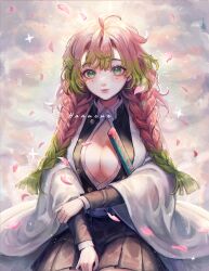 Rule 34 | 1girl, artist name, black jacket, black skirt, blush, braid, breasts, cloud, collared shirt, colored tips, commentary, commission, demon slayer uniform, english commentary, green eyes, green hair, hanacues, highres, jacket, kanroji mitsuri, kimetsu no yaiba, looking at viewer, making-of available, medium breasts, mole, mole under eye, multicolored hair, open clothes, open jacket, open shirt, pink hair, shirt, sitting, skirt, smile, solo, sparkle, twin braids, white jacket, white shirt
