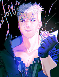 Rule 34 | 1boy, black background, black gloves, black jacket, black sclera, blue eyes, cidolfus telamon, closed mouth, collarbone, collared jacket, colored sclera, electricity, facial hair, final fantasy, final fantasy xvi, gloves, hand up, highres, hikazio, jacket, looking at viewer, male focus, pectoral cleavage, pectorals, short hair, sleeves rolled up, smile, solo, upper body, white hair