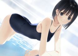 Rule 34 | 1girl, arm support, bent over, black eyes, black hair, black one-piece swimsuit, breasts, day, highres, looking at viewer, medium breasts, nakamura takeshi, one-piece swimsuit, original, outdoors, short hair, smile, solo, sunlight, swimsuit, wading, water, wet