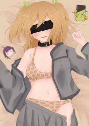 Rule 34 | 1girl, absurdres, animal print, artist request, blindfold, blonde hair, blush, breasts, cellphone, choker, cleavage, collarbone, daiba nana, glasses, highres, hoshimi junna, leopard bra, leopard panties, leopard print, on bed, open mouth, panties, phone, school uniform, shoujo kageki revue starlight, solo, tagme, twintails, underwear, undressing