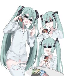 1girl aqua_hair bad_tag black_sclera card colored_sclera fang flat_chest hatsune_miku highres holding holding_card long_hair looking_at_viewer md_amati mimukauwa_nice_try_(vocaloid) open_mouth shirt simple_background skin_fang thighhighs thighs twintails uno_(game) very_long_hair vocaloid white_background white_shirt white_thighhighs