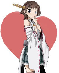 Rule 34 | 10s, 1girl, :o, abe kanari, bare shoulders, black ribbon, blue eyes, blush, brown hair, chestnut mouth, cowboy shot, cross-laced clothes, cross-laced legwear, detached sleeves, eyebrows, grey skirt, headgear, heart, heart background, hiei (kancolle), japanese clothes, kantai collection, kimono, long sleeves, looking at viewer, no legwear, nontraditional miko, parted lips, plaid, plaid skirt, red ribbon, ribbon, ribbon-trimmed sleeves, ribbon trim, simple background, sketch, skirt, solo, standing, tareme, thighhighs, white background, zettai ryouiki