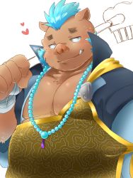 Rule 34 | 1boy, animal ears, bara, bead necklace, beads, belly, blue hair, blush, brown fur, carrying over shoulder, fat, fat man, furry, furry male, gakuran, goryou (housamo), heart, highres, holding, holding staff, jewelry, large pectorals, male focus, muscular, muscular male, necklace, nunutarou, pectoral cleavage, pectorals, pig boy, pig ears, school uniform, short hair, simple background, smile, snout, solo, staff, tokyo houkago summoners, tusks, unfinished, upper body, white background