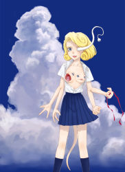 Rule 34 | 1girl, blonde hair, blue eyes, breasts, character request, cloud, collarbone, daemon, devilman, fangs, looking at viewer, monster girl, navel, open clothes, open mouth, open shirt, ribbon, sayorisword, school uniform, shirt, sky, smile, solo, tail
