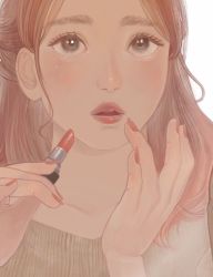 Rule 34 | 1girl, bad id, bad twitter id, black eyes, blush, brown hair, cosmetics, holding, holding lipstick tube, lipstick, lipstick tube, long hair, looking at viewer, makeup, mu mashu, nail polish, original, parted lips, portrait, lipstick tube, red nails, simple background, solo, white background