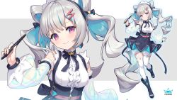 Rule 34 | 1girl, black footwear, black skirt, blue hair, boots, closed mouth, detached sleeves, full body, garter straps, gomashio ponz, grey hair, highres, holding, holding stylus, huion, long hair, looking at viewer, maid headdress, multicolored hair, original, pink eyes, see-through, see-through sleeves, skirt, smile, solo, standing, stylus, thighhighs, twintails, two-tone hair, white thighhighs