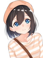Rule 34 | 1girl, beige hat, beret, black hair, blue eyes, blush, closed mouth, collarbone, commentary request, dutch angle, hair between eyes, hat, highres, original, pink hat, shirt, simple background, smile, solo, striped clothes, striped shirt, suzunari shizuku, upper body, white background, yuki arare