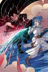 Rule 34 | 1boy, 1girl, angry, bandaged arm, bandages, battle, black hair, blue eyes, blue hair, bulma, cape, cosplay, crossover, dragonball z, energy sword, gloves, gun, lightsaber, looking at another, open mouth, smoke, star wars, sword, vegeta, weapon