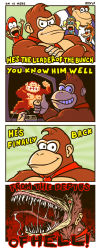 Rule 34 | 1girl, 4boys, 4koma, :d, animal, blonde hair, character request, chunky kong, closed mouth, colored sclera, comic, commentary, controller, diddy kong, donkey kong, donkey kong (1981 game), donkey kong (series), english commentary, english text, game controller, grin, holding, horror (theme), jmanvelez, lanky kong, long tongue, looking at viewer, looking back, monkey, multiple boys, nintendo, open mouth, pixelated, red sclera, saliva, sharp teeth, smile, teeth, television, thumbs up, tiny kong, tongue, twintails