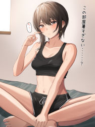 Rule 34 | 1girl, absurdres, asymmetrical hair, barefoot, blush, breasts, brown eyes, brown hair, collarbone, commentary request, crop top, dolphin shorts, earrings, foot out of frame, hand up, highres, index finger raised, indian style, indoors, jewelry, kuro imu, looking at viewer, medium breasts, navel, original, shirt, short hair, short shorts, shorts, sidelocks, sitting, sleeveless, sleeveless shirt, solo, stomach, toes, translated