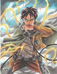 Rule 34 | 1boy, 2017, artist name, belt, biting hand, brown hair, brown jacket, cape, electricity, eren yeager, green cape, green eyes, holding, jacket, male focus, open clothes, open jacket, paradis military uniform, ravernclouk design, shingeki no kyojin, solo, standing, teeth, traditional media, upper teeth only