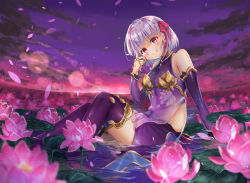 Rule 34 | 1girl, armlet, armor, artist request, bare shoulders, bikini armor, blush, bracelet, breasts, closed mouth, collar, detached sleeves, dress, earrings, fate/grand order, fate (series), floral print, flower, gradient sky, hair ribbon, jewelry, kama (fate), kama (first ascension) (fate), knees up, lake, lily pad, looking at viewer, lotus, metal collar, miniskirt, pelvic curtain, petals, purple dress, purple skirt, purple sky, purple sleeves, purple thighhighs, red eyes, ribbon, ring, short hair, silver hair, sitting, skirt, sky, small breasts, smile, solo, thighhighs, thighlet, thighs, twilight, water