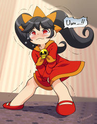 Rule 34 | 1girl, artist name, ashley (warioware), between legs, black hair, blush, closed mouth, collarbone, crying, dress, embarrassed, female focus, flat chest, full body, hairband, hand between legs, have to pee, indoors, kakuume, legs apart, long hair, long sleeves, nintendo, nose blush, orange hairband, orange neckwear, own hands together, red dress, red eyes, red footwear, shoes, signature, skull, solo, speech bubble, standing, tears, trembling, twintails, v arms, warioware, wavy mouth