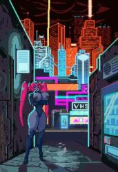 Rule 34 | 1girl, alley, android, animated, bouncing breasts, breasts, building, city, gynoid, huge breasts, looking at viewer, mecha girl, neon lights, night, one eye closed, original, outdoors, pink hair, pixel art, robot, robot girl, skyscraper, smile, twintails, vermana, video, wink