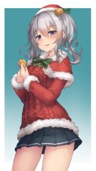 Rule 34 | 10s, 1girl, absurdres, aran sweater, bell, blue background, blue eyes, blue skirt, bow, bowtie, cable knit, capelet, christmas, cowboy shot, from below, fur trim, gradient background, grey hair, hair ornament, hat, highres, kantai collection, kashima (kancolle), long hair, looking at viewer, metindone, miniskirt, open mouth, pleated skirt, ribbon, santa costume, santa hat, simple background, skirt, solo, standing, sweater, twintails