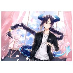 Rule 34 | 1boy, arm at side, artist name, bad id, bad instagram id, black jacket, black pants, blue sky, blush, braid, braided ponytail, cain art811, cherry blossoms, curtains, day, hair between eyes, hand up, horns, indoors, jacket, jewelry, long hair, looking at viewer, low-tied long hair, male focus, necklace, original, pants, parted bangs, petals, purple eyes, purple hair, ring, shirt, sky, smile, solo, sweatdrop, tail, very long hair, white shirt, window