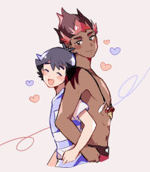 Rule 34 | 2boys, :d, abs, ash ketchum, back-to-back, black hair, blush, catsubun (kkst0904), closed mouth, commentary, creatures (company), dark-skinned male, dark skin, game freak, happy, heart, interracial, jewelry, kiawe (pokemon), locked arms, male focus, multicolored hair, multiple boys, necklace, nintendo, open mouth, pokemon, pokemon (anime), pokemon sm (anime), shirt, short hair, short sleeves, smile, striped clothes, striped shirt, t-shirt, teeth, tongue, topless male, upper teeth only, yaoi