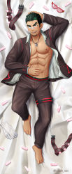 Rule 34 | 1boy, abs, absurdres, bandaid, bandaid on face, bandaid on nose, bara, bare pectorals, barefoot, black hair, blush, brown jacket, brown pants, bulge, dakimakura (medium), dark-skinned male, dark skin, facial hair, formal, full body, gloves, unworn gloves, goatee, green hair, highres, jacket, kyoichi (active agent) (live a hero), kyoichi (live a hero), live a hero, looking at viewer, lying, male focus, multicolored hair, muscular, muscular male, ninomiya reisui (chieh ren), nipples, on back, on bed, open clothes, open jacket, pants, pectorals, short hair, sideburns, smile, solo, stomach, streaked hair, suit, whistle, whistle around neck