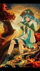 Rule 34 | 1girl, autumn, autumn leaves, black socks, blue eyes, blue hair, brown gloves, buttons, capelet, dress, flower, gloves, goggles, goggles on headwear, hair bobbles, hair ornament, hand on headwear, in tree, kawashiro nitori, key, kneehighs, leaf, letterboxed, long sleeves, looking at viewer, matching hair/eyes, neckerchief, petals, shoes, sitting, sitting in tree, skirt, smile, socks, solo, sunset, sweater, touhou, tree, twintails, two side up, wrench
