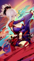 Rule 34 | 1girl, blue eyes, breasts, cleavage, dual wielding, dynamitenatalia, fate/grand order, fate (series), flaming sword, flaming weapon, highres, holding, holding sword, holding weapon, katana, large breasts, miyamoto musashi (fate), petals, pink hair, sword, thighhighs, weapon, wide sleeves