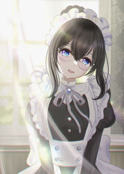 Rule 34 | 1girl, :d, absurdres, alternate costume, apron, bespectacled, black dress, black hair, blue eyes, commentary request, dress, enmaided, glasses, hair between eyes, hanilz, head tilt, highres, idolmaster, idolmaster cinderella girls, long sleeves, looking at viewer, maid, maid apron, maid headdress, open mouth, sagisawa fumika, smile, solo, upper body, window