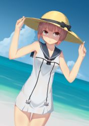 Rule 34 | 10s, 1girl, :&lt;, adapted costume, bare legs, bare shoulders, beach, blue sky, blunt bangs, bow, brown eyes, brown hair, cloud, collarbone, cowboy shot, day, dress, hat, hat bow, kantai collection, looking at viewer, md5 mismatch, neckerchief, ocean, outdoors, resolution mismatch, sailor collar, sailor dress, seatollead, sky, solo, source larger, sun hat, white dress, z3 max schultz (kancolle)