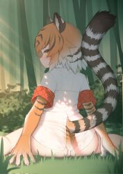 Rule 34 | 1girl, against glass, akuma (st.takuma), animal ears, animal print, ass, black hair, blush, breast press, breasts on glass, dappled sunlight, day, elbow gloves, from behind, gloves, highres, kemono friends, looking at viewer, medium hair, multicolored hair, no pants, on ground, orange hair, outdoors, outstretched arms, outstretched hand, panties, plaid sleeves, plaid trim, print gloves, print panties, sideways glance, sitting, solo, sunlight, tail, tiger (kemono friends), tiger ears, tiger girl, tiger print, tiger tail, tongue, tongue out, underwear, white hair, yellow eyes