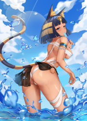 Rule 34 | 1girl, :t, absurdres, animal crossing, animal ears, ankha (animal crossing), bandages, black eyes, black hair, bob cut, breasts, bubble tea, cat ears, cleavage, closed mouth, collarbone, commentary, cup, dark-skinned female, dark skin, eyewear on head, fenrisulfr1010, hand up, heart, heart-shaped eyewear, highres, humanization, jewelry, large breasts, navel, navel piercing, nintendo, o-ring, o-ring bottom, personification, piercing, ring, short hair, simple background, sky, solo, water