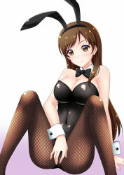Rule 34 | 10s, 1girl, 7nanappe, animal ears, bare arms, bare shoulders, black leotard, blush, bow, bowtie, breasts, brown eyes, brown hair, cleavage, covered navel, detached collar, fake animal ears, female focus, fishnet pantyhose, fishnets, gradient background, highres, idolmaster, idolmaster cinderella girls, knees up, large breasts, leotard, long hair, looking at viewer, nitta minami, pantyhose, playboy bunny, rabbit ears, sitting, smile, solo, spread legs, strapless, strapless leotard, wrist cuffs