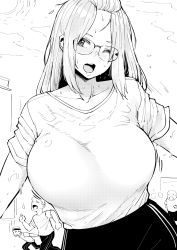 Rule 34 | 1girl, 3boys, bangs pinned back, blush, breasts, child, commentary, english commentary, glasses, greyscale, gym uniform, highres, inne sulistya robin, large breasts, long hair, monochrome, multiple boys, norman maggot, one eye closed, original, outdoors, pants, running, sharp teeth, shirt, short sleeves, solo, standing, sweat, t-shirt, teacher, teeth, track pants