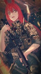 Rule 34 | 1girl, absurdres, animal ears, assault rifle, camouflage, commentary request, desert camouflage, foregrip, gesugao, gun, highres, holding, holding gun, holding weapon, load bearing vest, long hair, m4 carbine, military, muzzle device, nurim, original, rabbit ears, red hair, rifle, sleeves rolled up, solo, weapon, yellow eyes