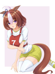Rule 34 | 1girl, ahoge, animal ears, bob cut, bow, brown hair, commentary, ear ribbon, grey background, gym shirt, gym shorts, gym uniform, hairband, hand on own arm, highres, horse ears, horse girl, horse tail, kemuri (etep3372), kneeling, leaning forward, looking at viewer, medium hair, meisho doto (umamusume), multicolored hair, open mouth, pink hairband, purple eyes, race bib, shirt, shoes, short sleeves, shorts, sneakers, solo, tail, thighhighs, two-tone hair, umamusume, white hair, white shirt, white thighhighs, yellow footwear, yellow shorts