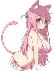 Rule 34 | 1girl, animal ear fluff, animal ears, bikini, blue eyes, blush, bocchi the rock!, breasts, cat ears, cat tail, gotoh hitori, hair ornament, highres, large breasts, long hair, mel (melty pot), one side up, pink bikini, pink hair, side-tie bikini bottom, solo, swimsuit, tail
