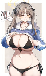 Rule 34 | !, !!, 1girl, doodle sensei (blue archive), bikini, bikini under clothes, black bikini, blue archive, blue hoodie, blush, border, breasts, clothes lift, cowboy shot, eyewear on head, gin moku, groin, halo, highres, hood, hoodie, hoodie lift, huge breasts, lifting own clothes, light brown hair, looking to the side, lowleg, lowleg bikini, medium hair, moe (blue archive), moe (swimsuit) (blue archive), navel, official alternate costume, outside border, parted lips, round eyewear, sensei (blue archive), solo, spoken character, spoken exclamation mark, sweatdrop, swimsuit, twintails, wavy mouth, white border
