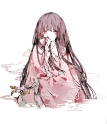 Rule 34 | 1girl, absurdres, black hair, blunt bangs, branch, collar, commentary, covered mouth, dress, flower, frilled collar, frills, highres, holding, holding branch, houraisan kaguya, leaf, long hair, long sleeves, pink dress, red eyes, simple background, solo, touhou, white background, white collar, zhixie jiaobu