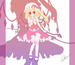 Rule 34 | 1girl, blonde hair, dress, female focus, flandre scarlet, full body, gradient background, hat, hat ribbon, laevatein, mary janes, mob cap, noorrzz, red eyes, ribbon, shadow, shoes, short hair, side ponytail, sketch, socks, solo, touhou, white background, wings